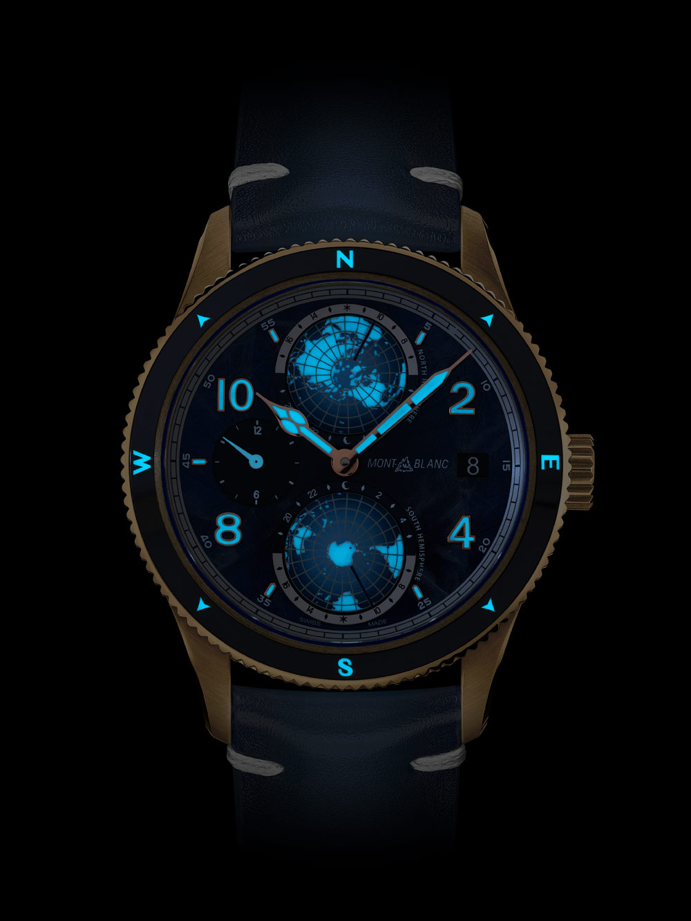 Bronze caseback of the Montblanc 1858 Geosphere 0 Oxygen LE1786 engraved with Mont Blanc and Simon Messner's climbing route