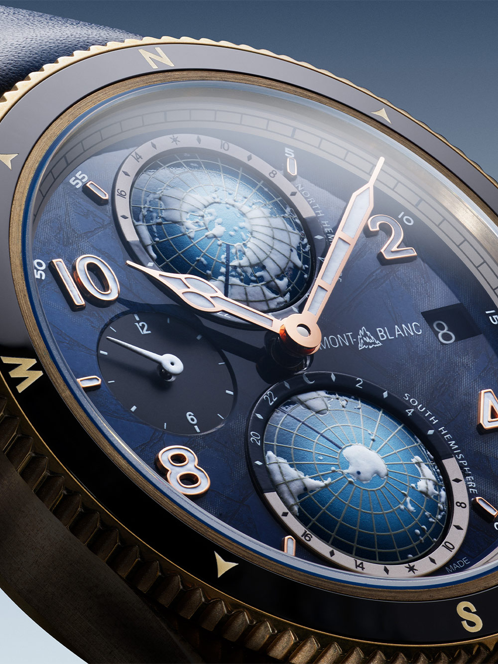 Montblanc 1858 Geosphere 0 Oxygen LE1786 with blue glacier-pattern dial and twin rotating hemisphere globes
