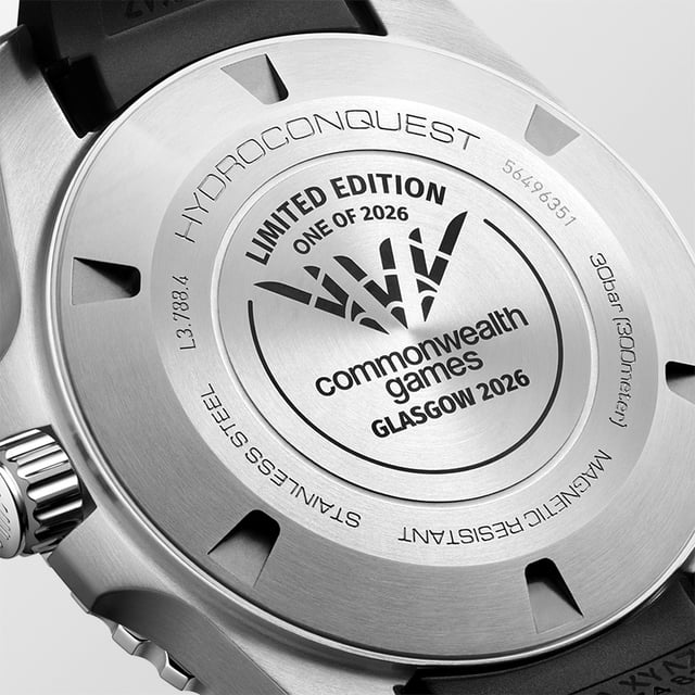 Engraved screw-down caseback of the Longines HydroConquest Commonwealth Games Glasgow 2026 edition