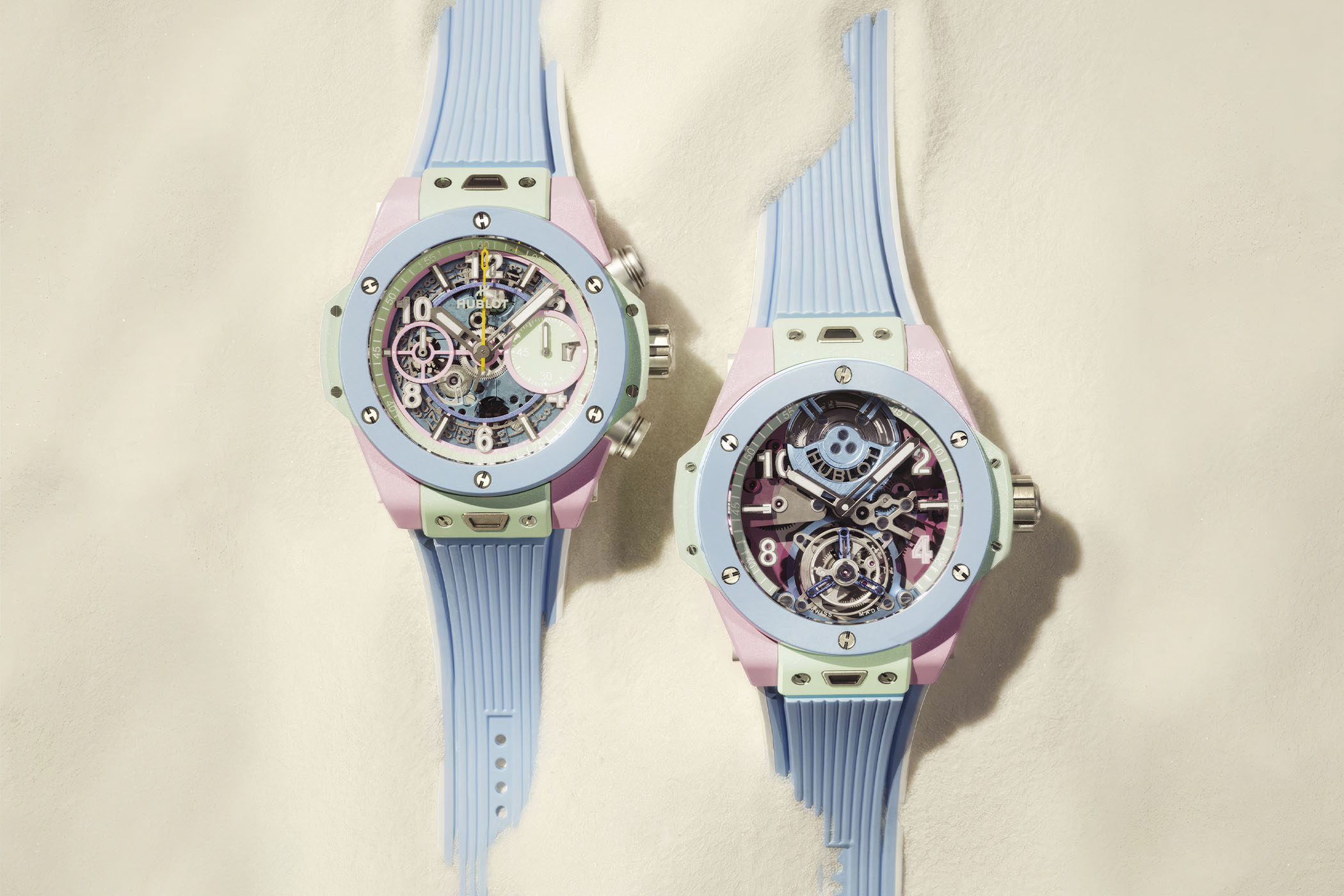 Hublot Big Bang Summer 2026 — Multi-Coloured Ceramic 42mm chronograph and 44mm tourbillon in pastel mint, pink and sky blue ceramic