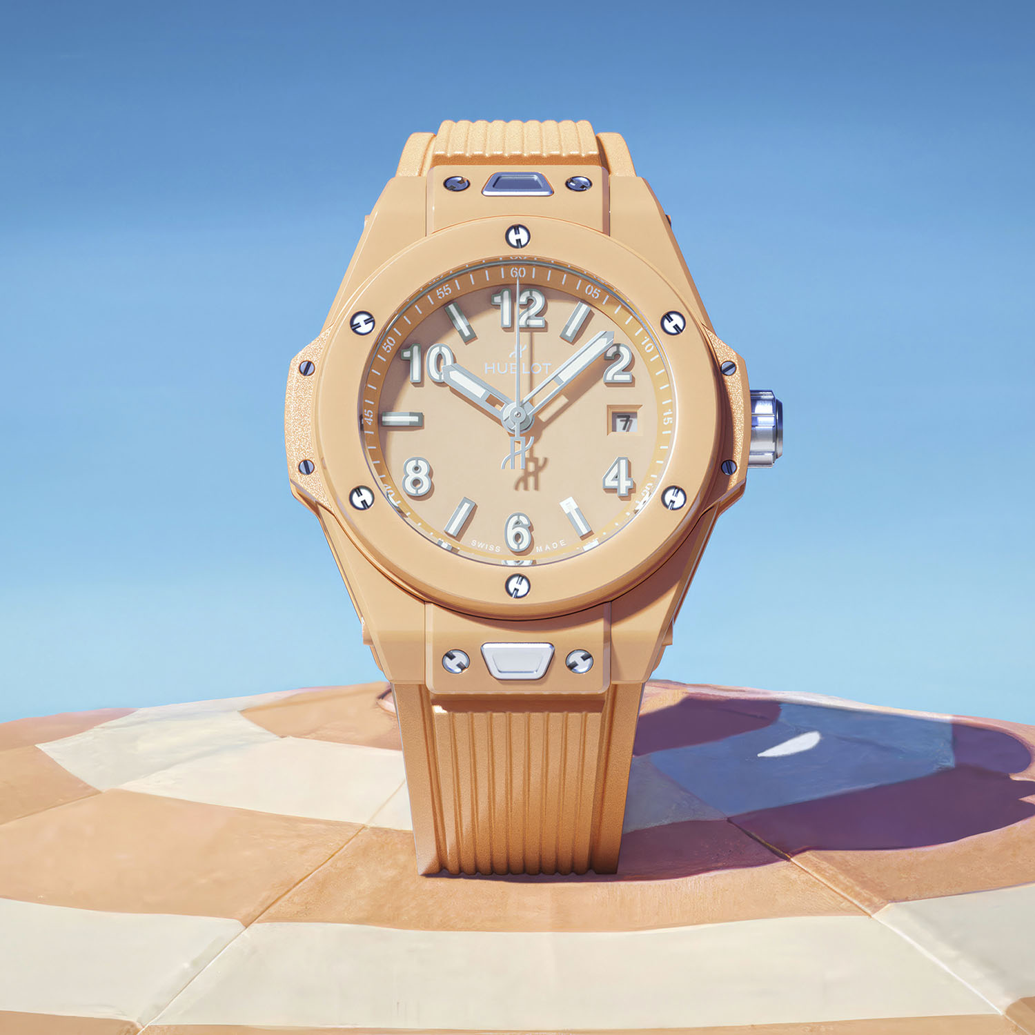Hublot Big Bang Summer 2026 Tourbillon 44mm — transparent pink sapphire dial revealing HUB6035 tourbillon with sky-blue cage at 6 o'clock