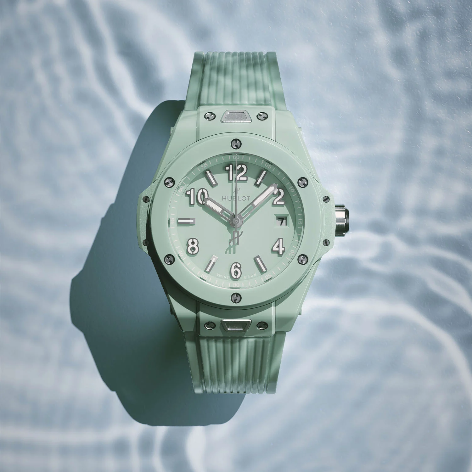 Hublot Big Bang Summer 2026 Multi-Coloured Ceramic 42mm — dial detail showing pastel pink and mint green open-worked ceramic case and sky blue bezel