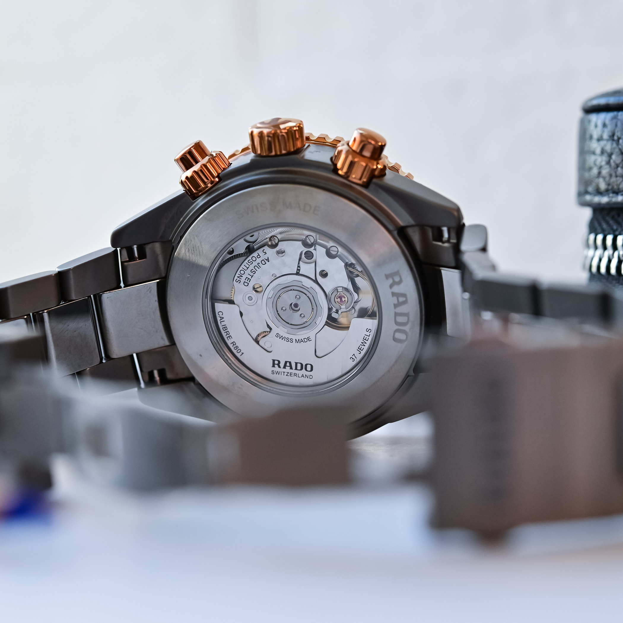 Rado Captain Cook High-Tech Ceramic Chronograph blue on wrist — 43mm plasma ceramic bracelet with polished centre links