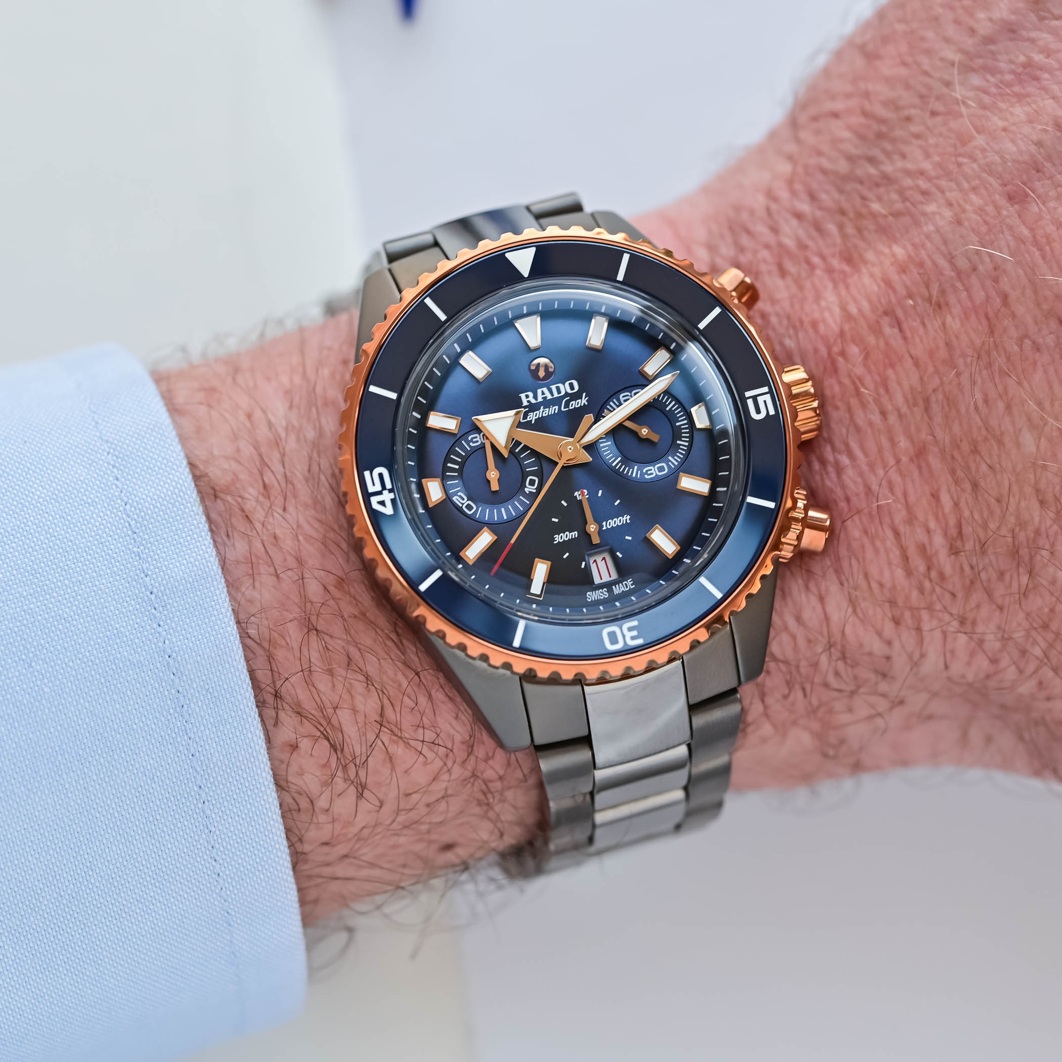 Rado Captain Cook High-Tech Ceramic Chronograph caseback — titanium with sapphire window showing R801 calibre and anchor-shaped rotor