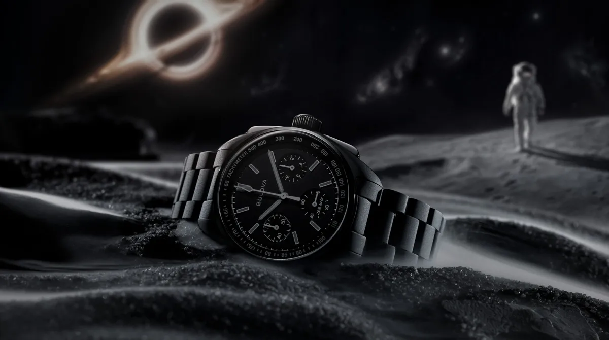 Bulova Lunar Pilot Black Hole 41mm — matte black PVD case and bracelet, Musou Black dial with grey Super-LumiNova hands