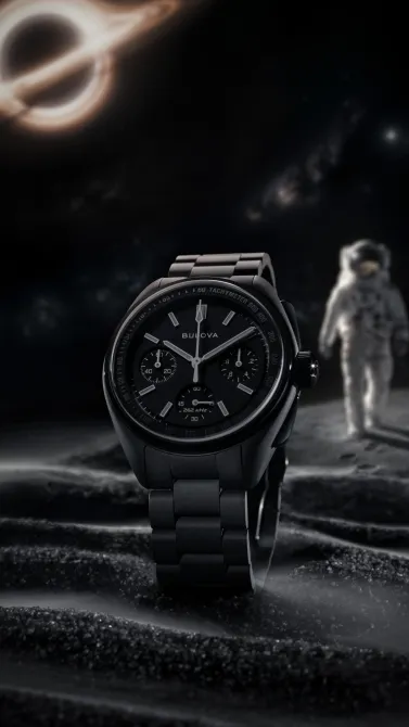 Bulova Lunar Pilot Black Hole caseback with lunar landscape engraving and Apollo 15 mission details and individual series number