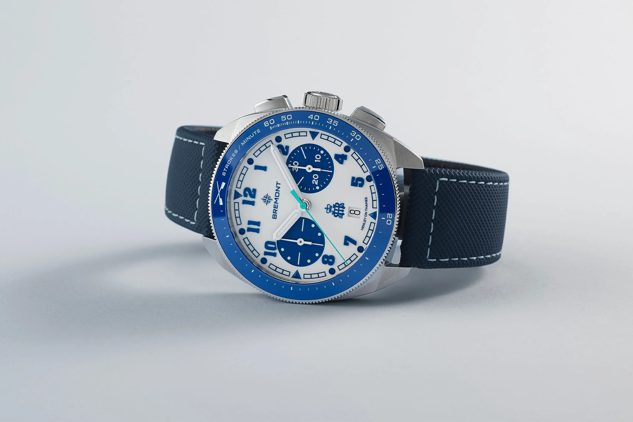 Bremont Terra Nova HRR Chronograph — white lacquer dial, royal blue ceramic bezel, mint deckchair green chronograph hand, 904L steel case