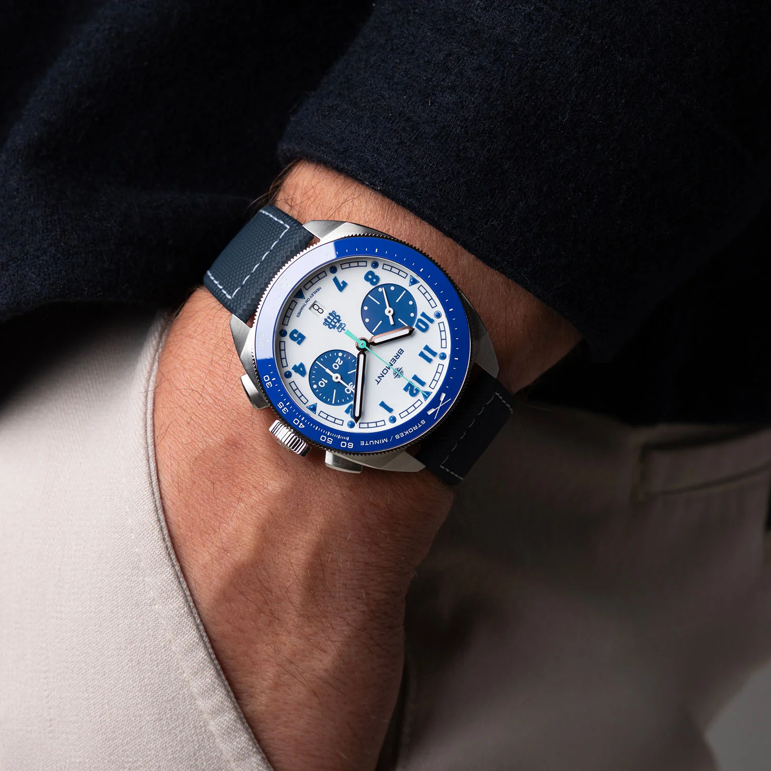 Bremont Terra Nova HRR Chronograph bezel detail — blue ceramic stroke-counter insert with crossed oars at 12 o'clock