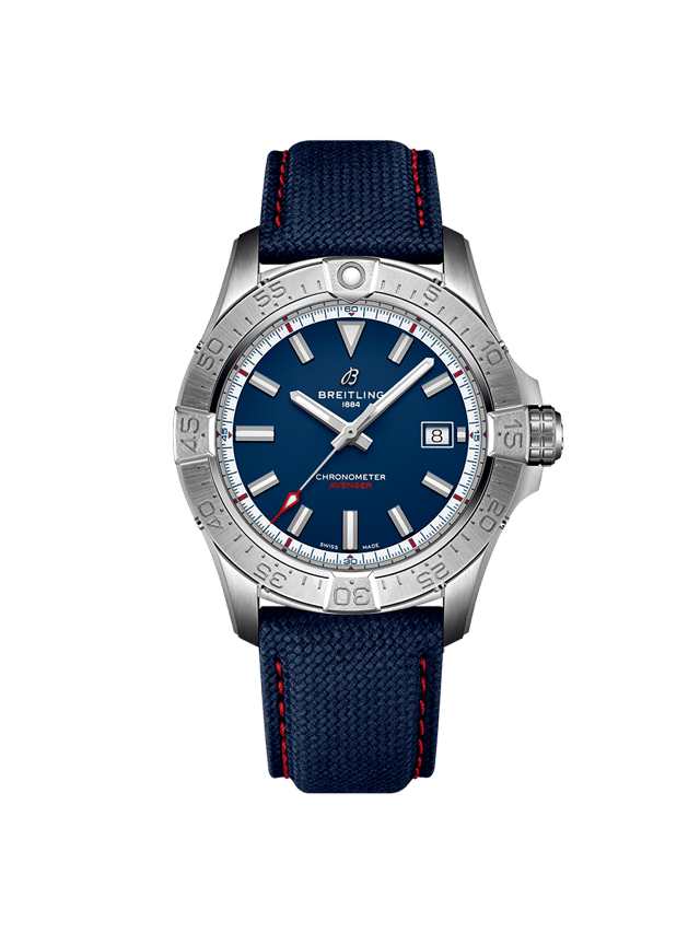 Breitling Avenger Automatic 42 America250 front — blue dial, rider-tab bezel, aviation tool watch heritage