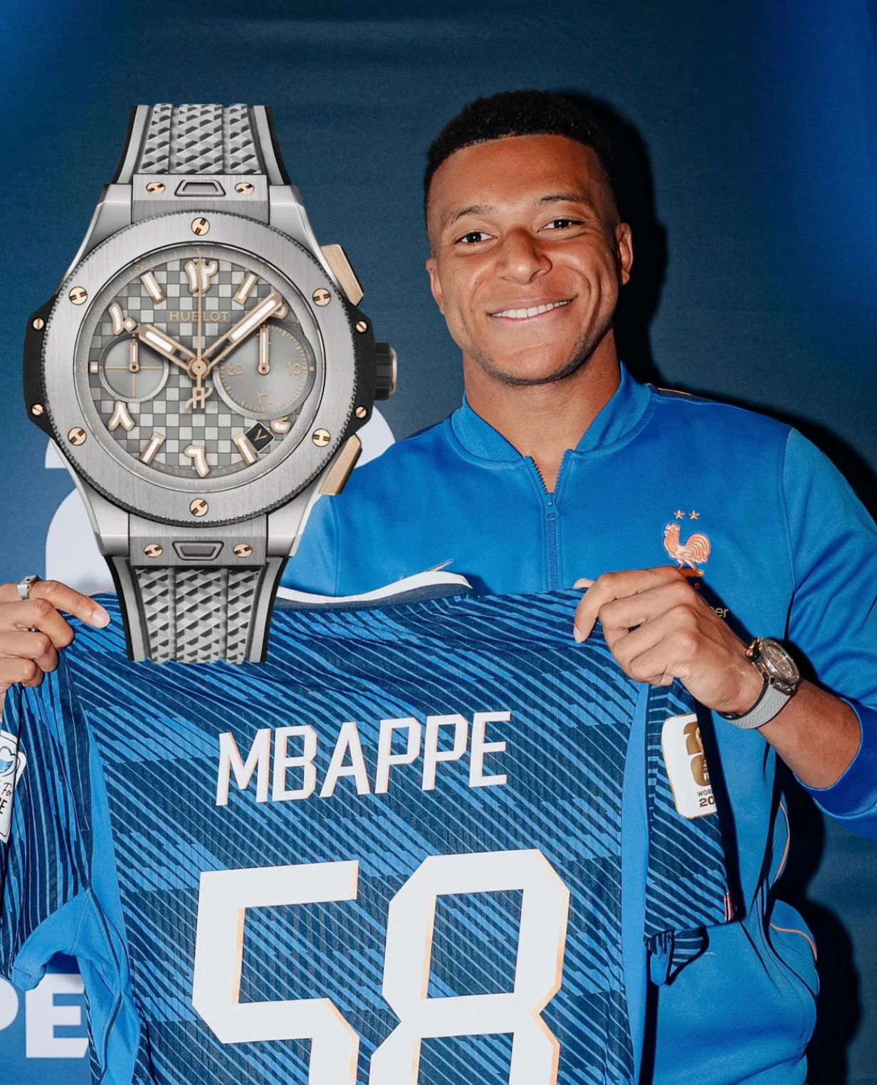 Kylian Mbappé at FIFA World Cup 2026 wearing the Hublot Big Bang Ahmed Seddiqi 75th Anniversary titanium, limited to just 25 pieces worldwide