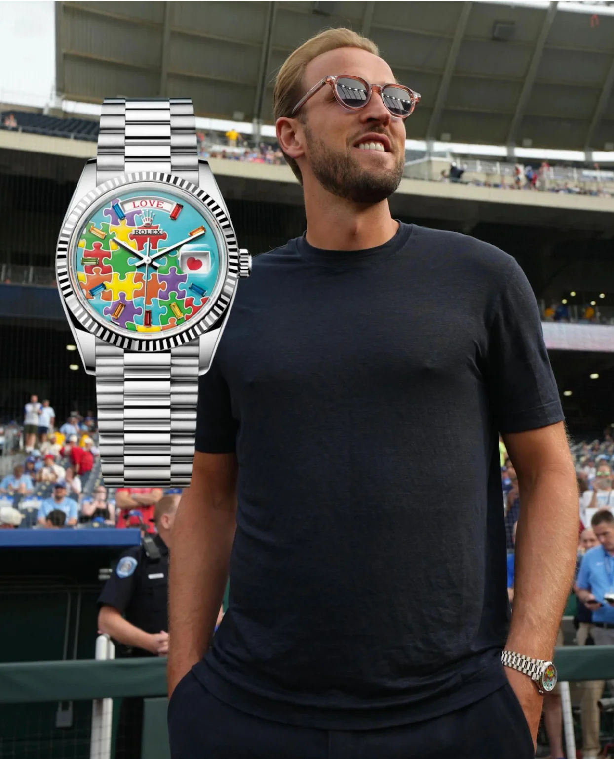 Harry Kane at FIFA World Cup 2026 wearing the Rolex Day-Date Puzzle Ref. 128239-0056 with colourful enamel dial and puzzle-inspired markers