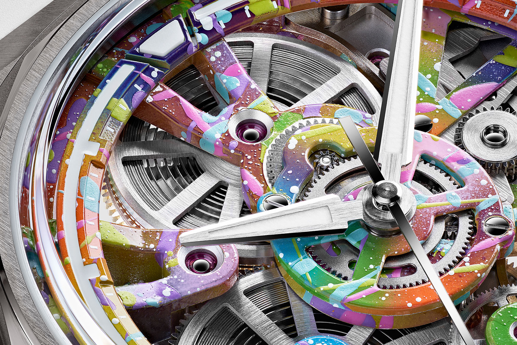 Christopher Ward Twelve Xander — caseback view showing the hand-painted automatic winding rotor and decorated bridges through the exhibition sapphire