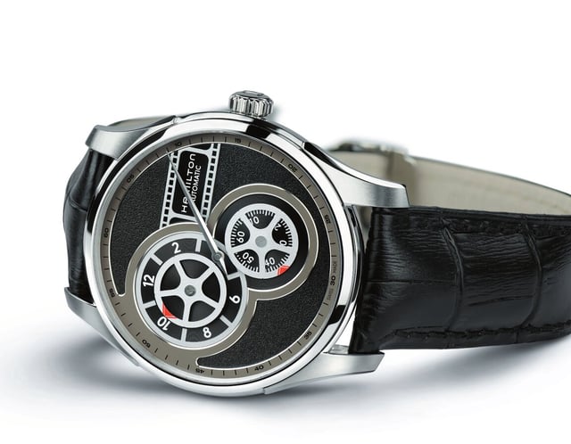 Hamilton Jazzmaster Regulator Cinema — regulator watch with film reel-inspired hour and seconds display, 42mm stainless steel