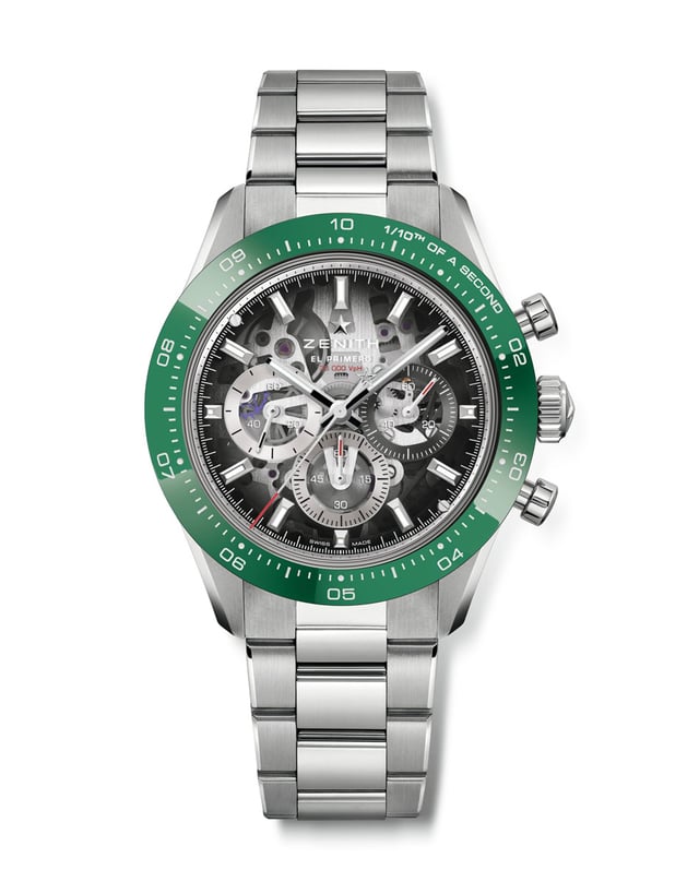 Zenith Chronomaster Sport Skeleton with green bezel and steel bracelet — El Primero 3600 SK open-worked chronograph at 5Hz