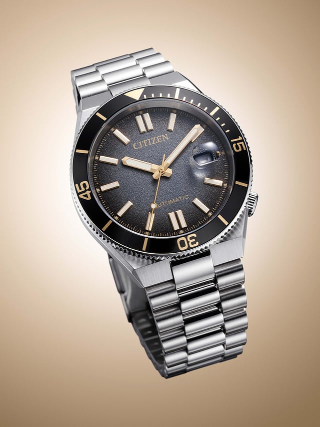 Citizen Tsuyosa Shore Limited NJ0238-57E front view — textured black gradient dial showing gold applied indices, luminous hands and date at 3 o'clock