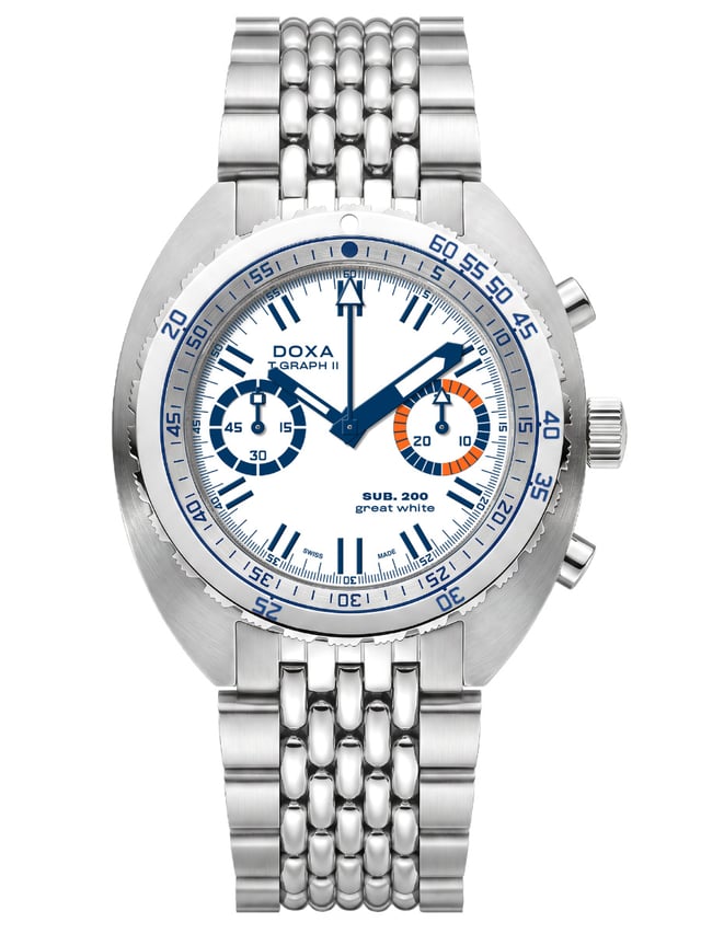 Doxa SUB T.Graph II Great White Topper Edition front view — 42mm cushion case, partially-covered pump pushers, sawtooth bezel grip