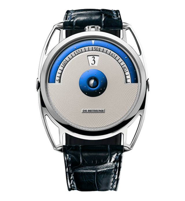 De Bethune DB28 Digitale — spherical moon at dial centre against star-studded sky in blued titanium and white gold, jump hour display, Grade 5 titanium case