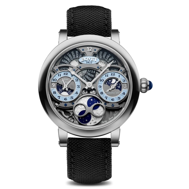 Bovet Récital 27 — dual-hemisphere moonphase at 6 o'clock with two moons rotating on textured lunar surface disk, 46.30mm titanium case