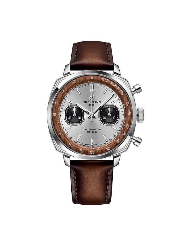 Breitling Top Time Aston Martin DB5 steel edition front view — silver sunray dial with black squircle sub-dials, cushion case, pump pushers, real wood rehaut