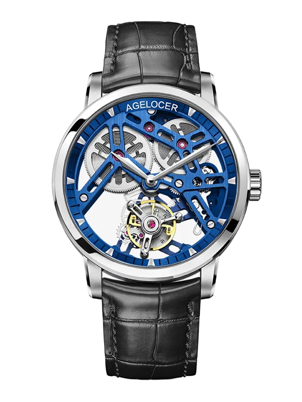 Agelocer Original — 40mm stainless steel with flying tourbillon, blued bridges, 80-hour power reserve, designed by ex-Zenith and Parmigiani watchmaker