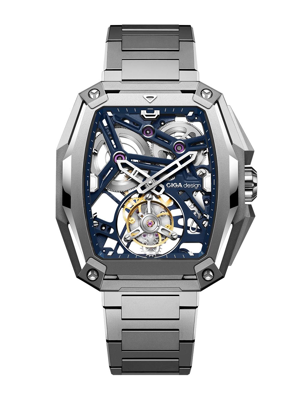 CIGA Design Hunter Tourbillon — Grade 5 titanium tonneau case with machined exoskeleton, skeletonised dial, CIGA CD-011 manual wind with twin barrel