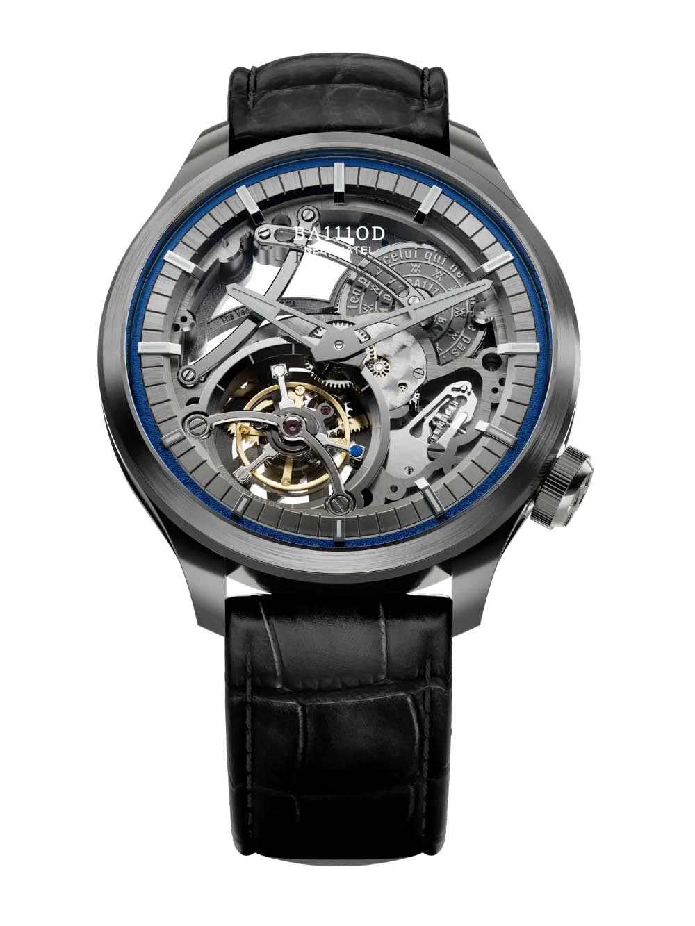 BA111OD Chapter 4 Skeleton T.V.D — 43mm anthracite DLC stainless steel case with skeletonised movement and flying tourbillon at 7 o'clock, blue ring highlight