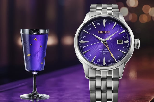 Seiko 145th Anniversary Edo Murasaki — Presage Cocktail Time GMT in deep Edo purple with radial dial, gold GMT hand and Seiko logo
