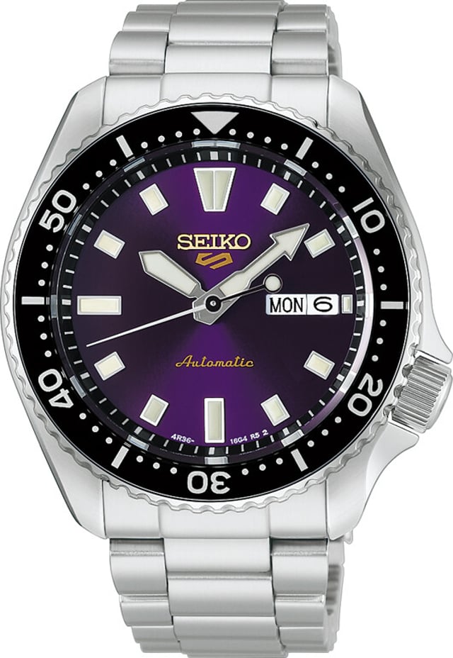Seiko 5 Sports SKX 145th Anniversary HDB003K1 — Edo Murasaki purple dial with gold accents, unidirectional bezel, three-row bracelet
