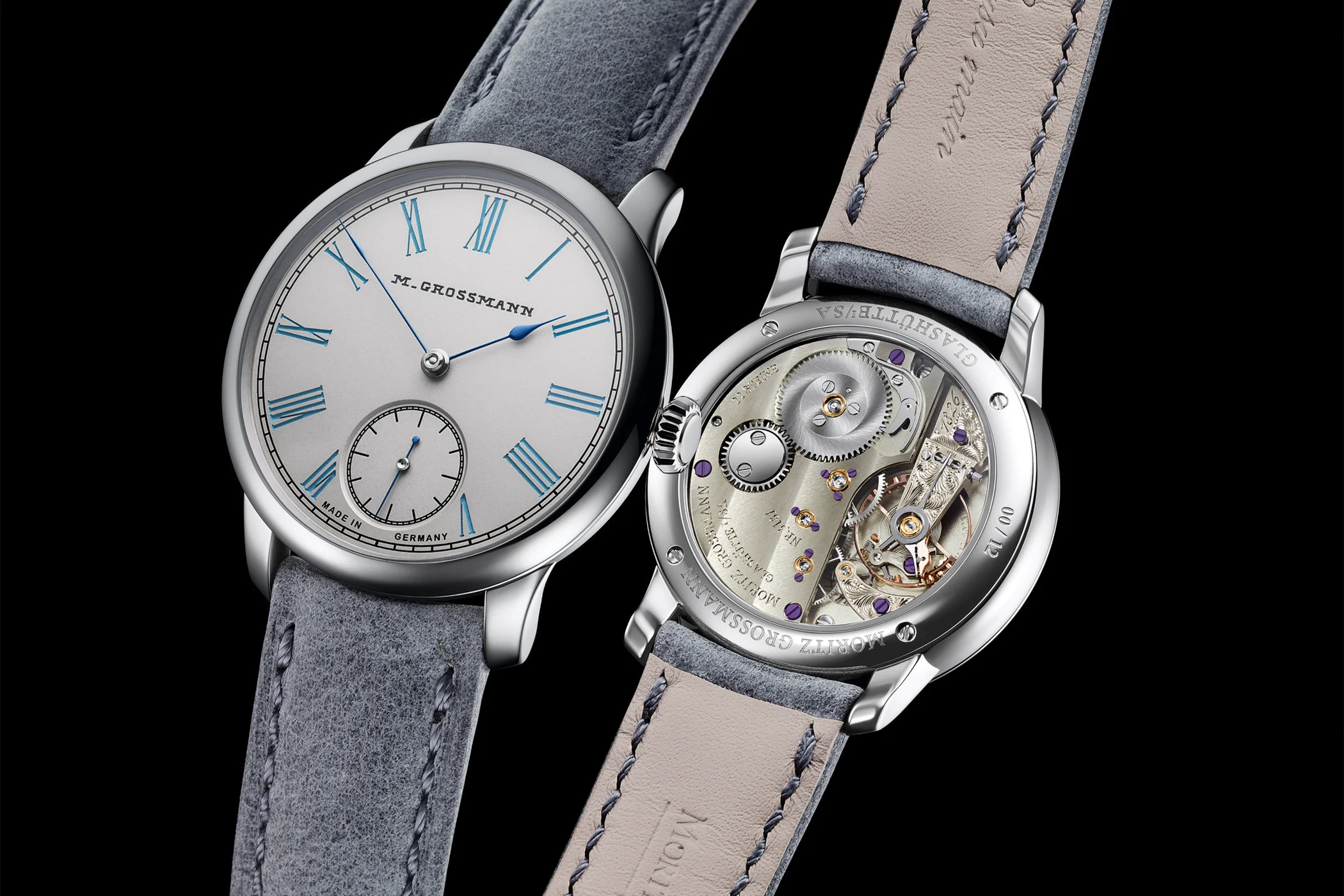 Moritz Grossmann Tefnut 36 Silver-Plated by Friction Turquoise Blue — 36mm fully polished steel case with velvety silver dial and turquoise lacquer Roman numerals
