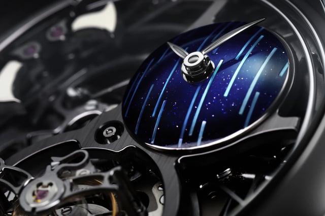H. Moser Endeavour Cosmic Rain — aventurine and mother-of-pearl sub-dial with meteor shower effect against skeletonised HMC 909 movement