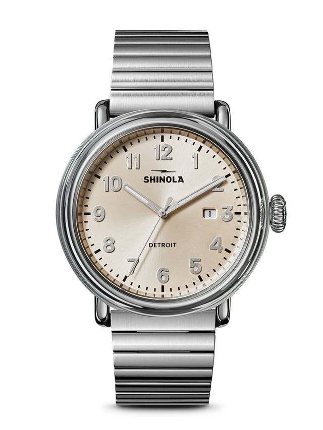 Shinola Detrola Vapor Gold 2026 — gold-toned sunray dial with applied vertically brushed numerals on the new brushed silver brick-link bracelet