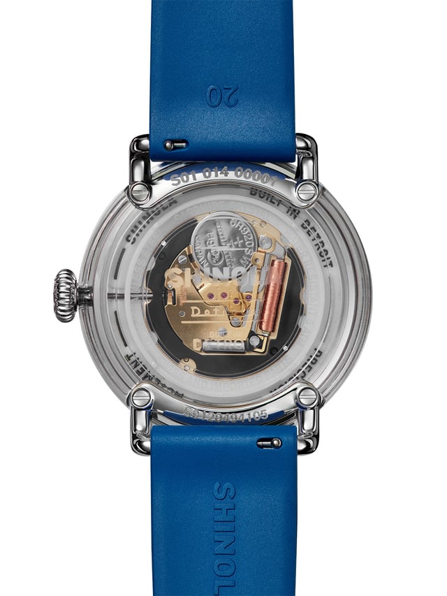 Shinola Detrola Color Theory 2026 caseback — first-ever display caseback on the Detrola, showing Argonite 705 quartz caliber through clear resin