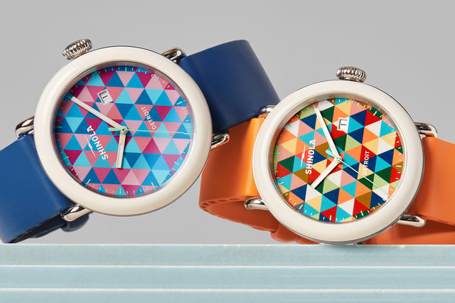 Shinola Detrola Color Theory Cool and Warm 2026 — two limited-edition models with 3D-printed abstract dials in blue/pink/mint and orange palettes