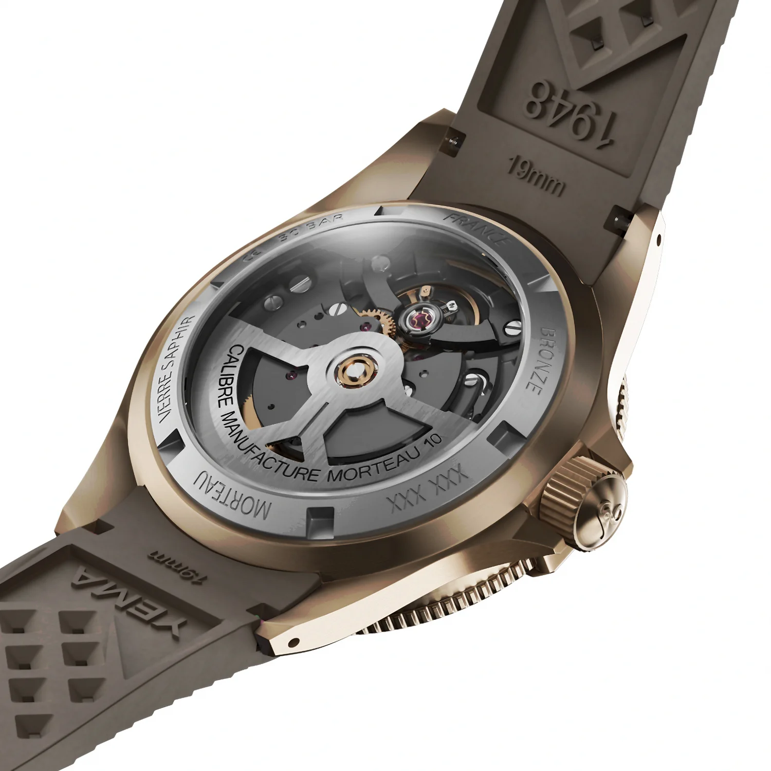 Yema Superman Bronze CMM.10 caseback — sapphire display crystal revealing the CMM.10 manufacture caliber, black galvanic bridges and gunmetal bidirectional rotor
