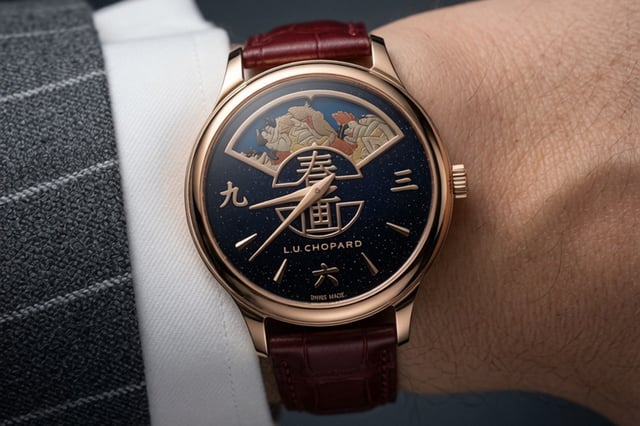 Chopard L.U.C Essence of Shunga on wrist — 40mm ethical rose gold case with dark blue Grand-Feu enamel dial, Japanese numerals in pink gold, burgundy alligator strap