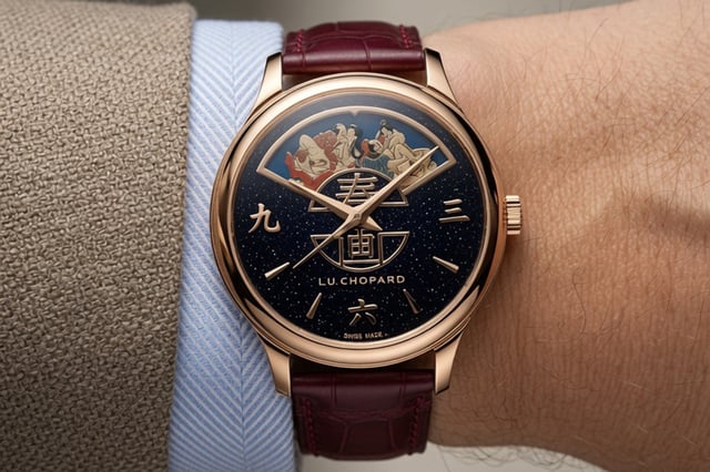 Chopard L.U.C Essence of Shunga dial — dark blue shimmering Grand-Feu enamel background with pink-gold Japanese numerals and stylised tea house motif