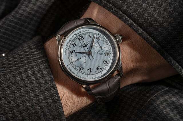 Longines Master Collection Chrono Monopusher frosted blue dial — barleycorn guilloché pattern, snailed sub-dials, pulsometer scale, polished numerals, anthracite strap