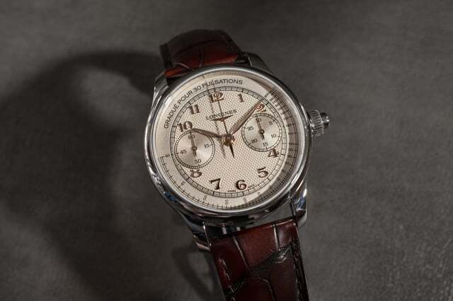 Longines Master Collection Chrono Monopusher silver opaline dial — barleycorn pattern, rose gold-toned numerals and leaf hands, brown alligator strap, polished steel case