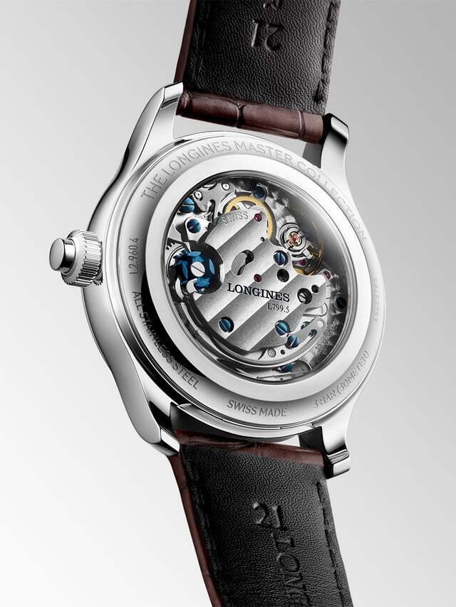 Longines Master Collection Chrono Monopusher caseback — Calibre L799.5 manual wind with blued column wheel, Geneva stripes, perlage mainplate, blued screws visible