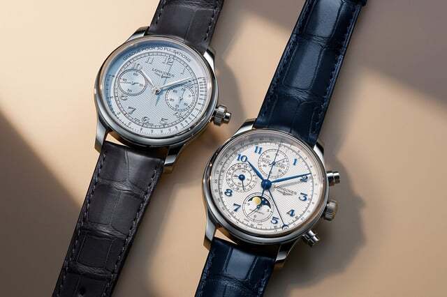 Longines Master Collection Chrono Monopusher and Chrono Moonphase 2026 — both new complications side by side against a light background